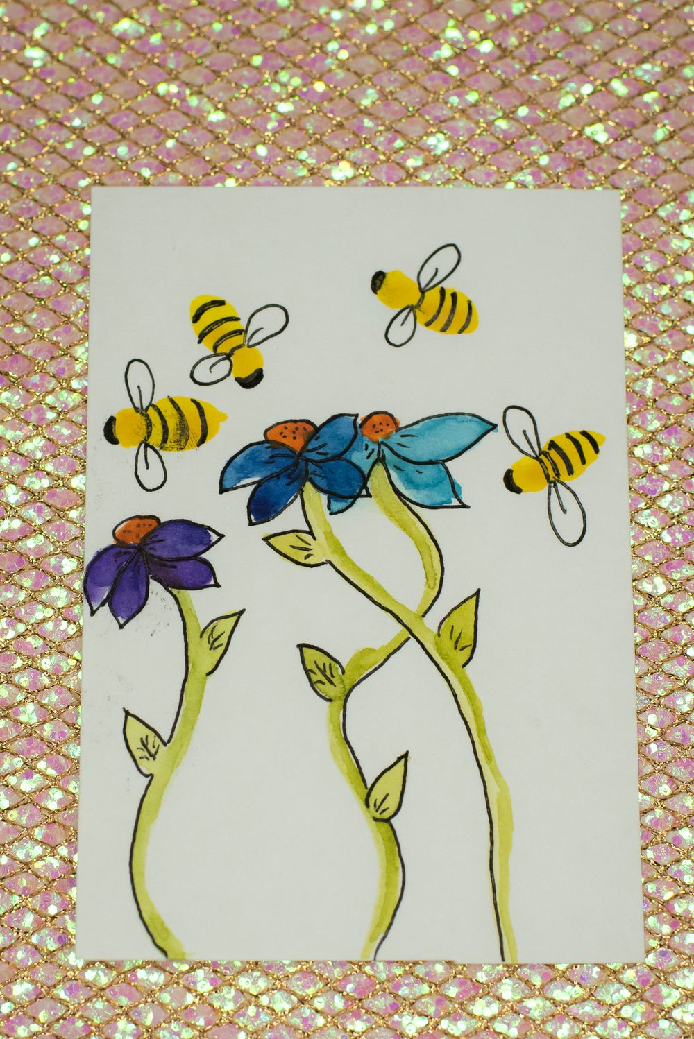 ACEO Orig - 'Blue Flowers &Bees' - MiniArt - 2.5x3.5 collectable